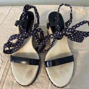 Ankle wrap navy and white espadrille wedge sandals
